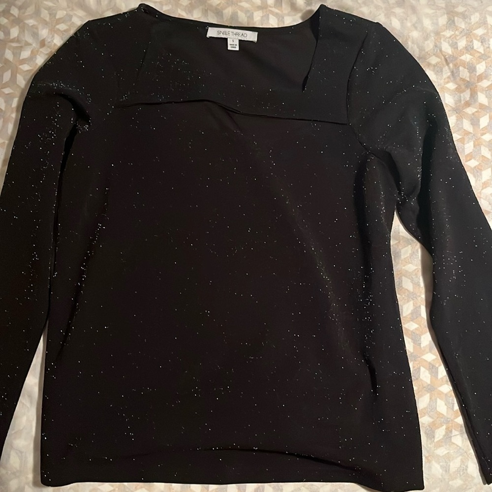 Single thread black metallic top with cutout feom Bloomingdale’s. Never worn.